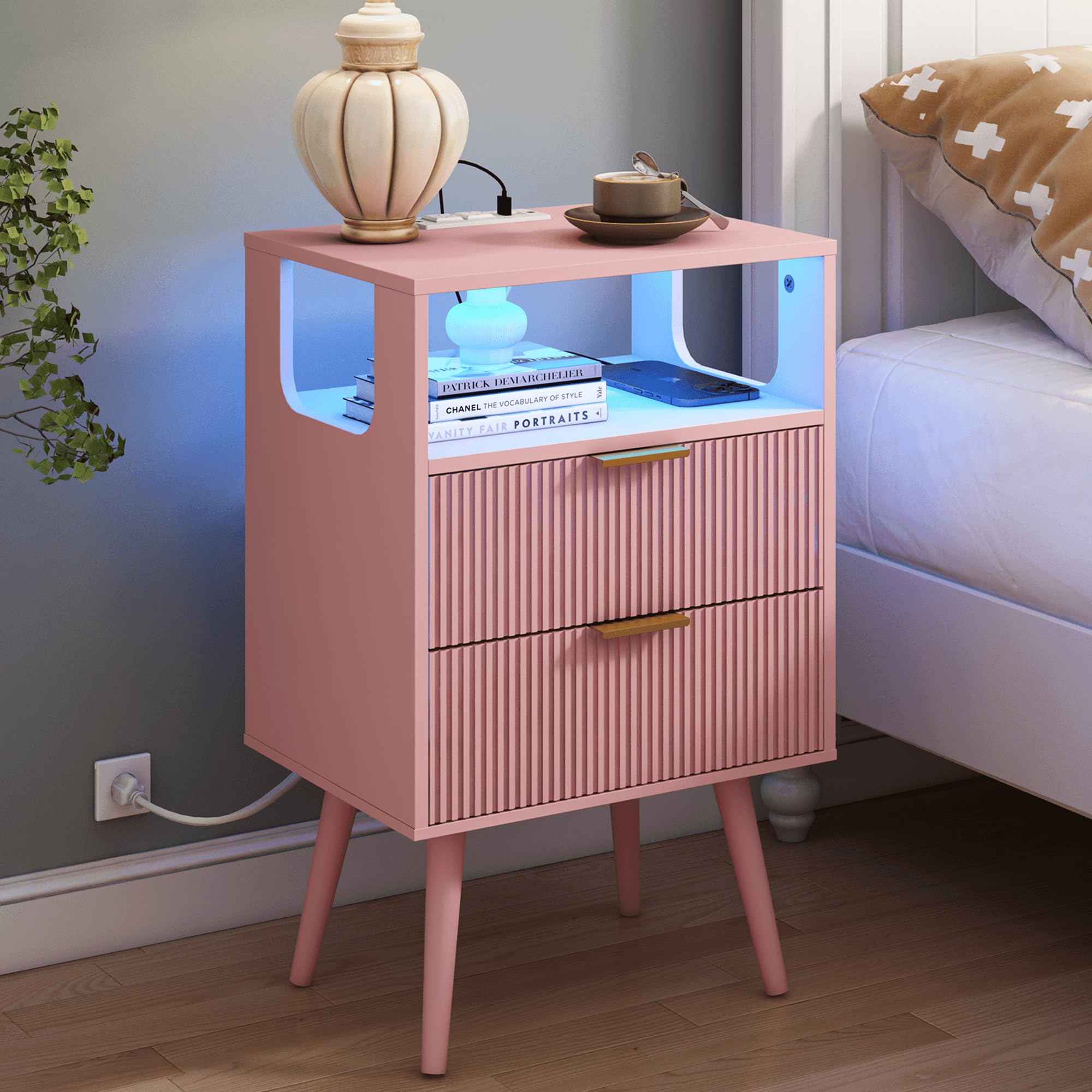 JOONEE Pink Nightstand with Charging Station and LED Lights,Modern